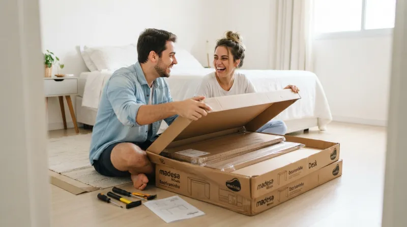 Casal jovem abrindo a caixa de um guarda-roupa novo para montar