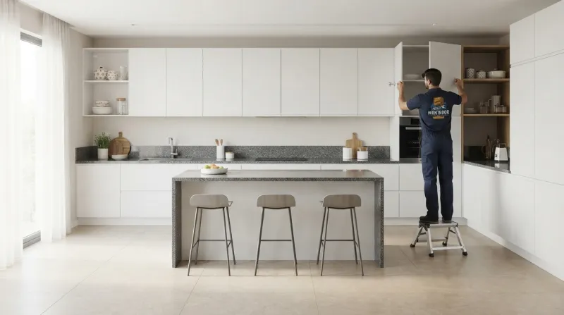 Cozinha planejada moderna sendo montada por profissional
