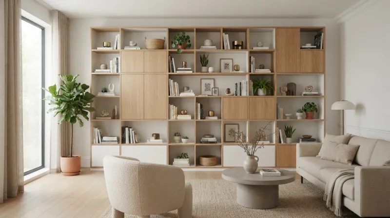 Parede de estantes modulares modernas instaladas em sala de estar