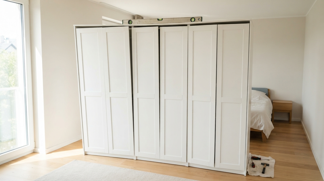 Guarda-roupa desnivelado com portas desalinhadas