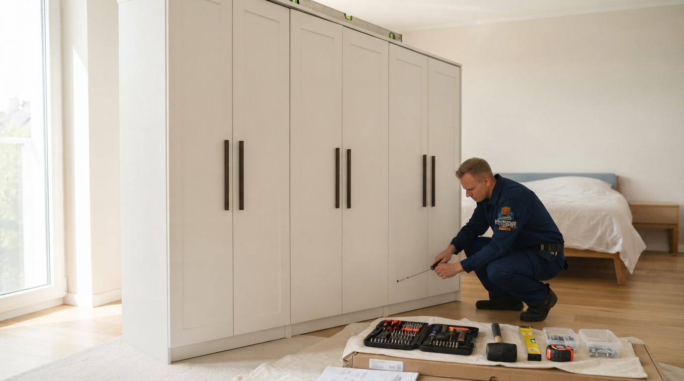 Guarda-roupa montado perfeitamente com portas alinhadas