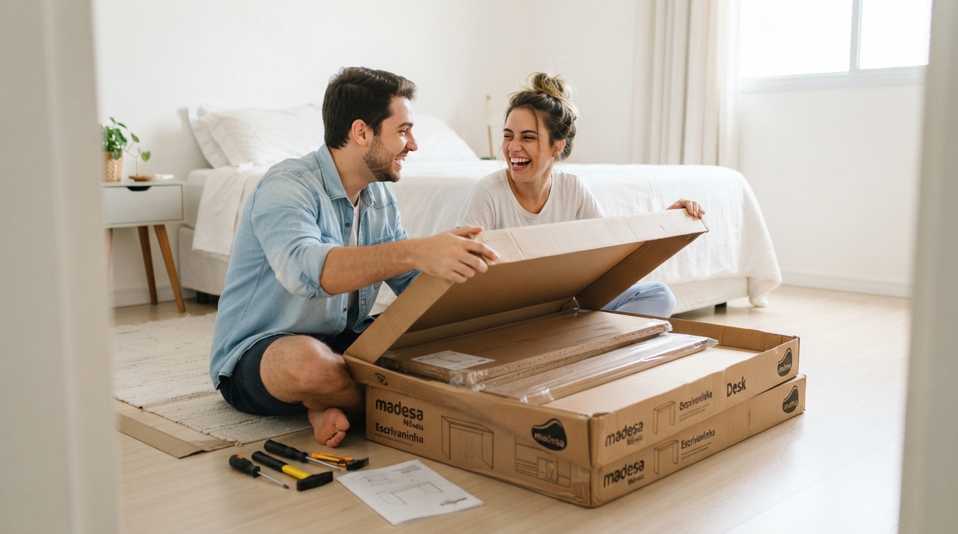 Casal jovem abrindo a caixa do guarda-roupa novo