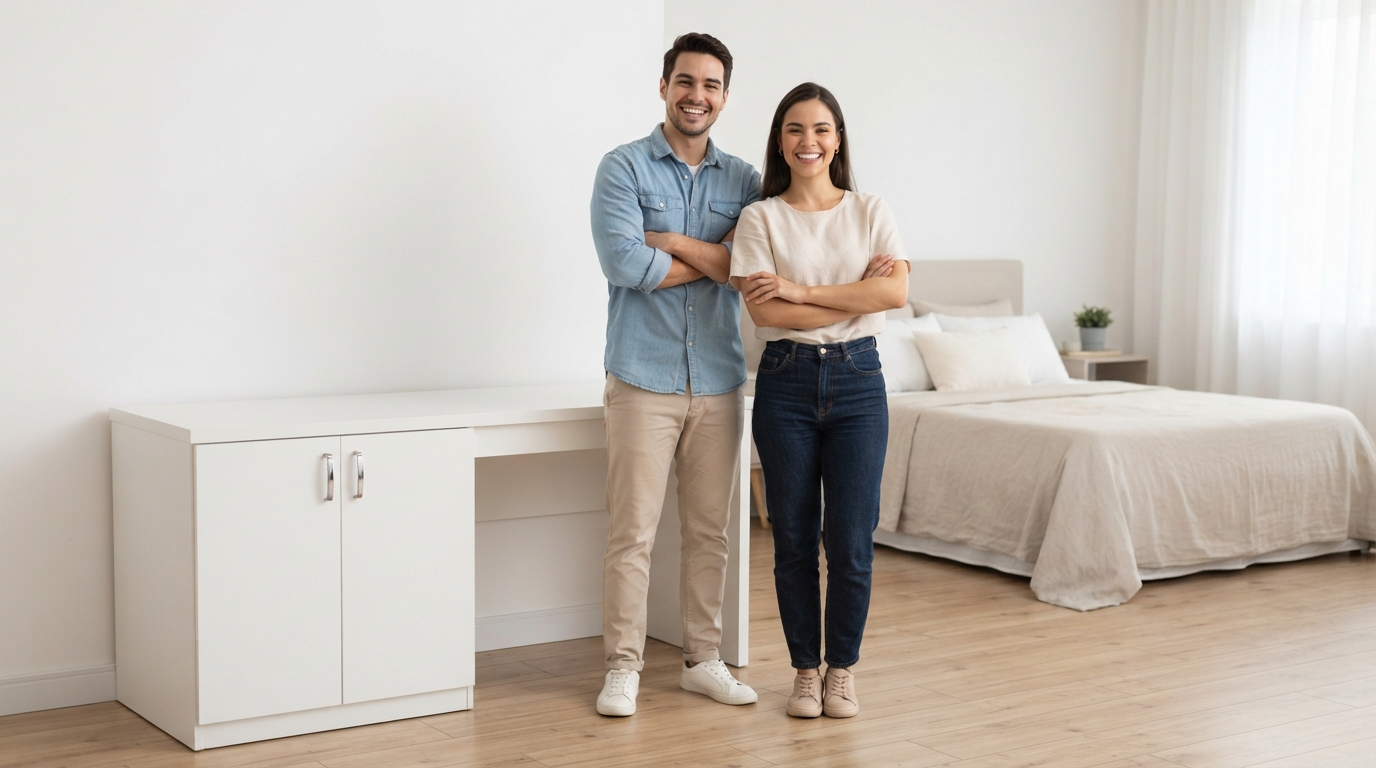 Casal orgulhoso ao lado do guarda-roupa montado