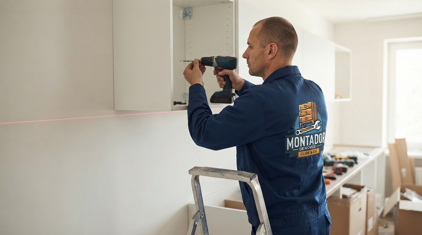 Montador instalando armário aéreo na parede