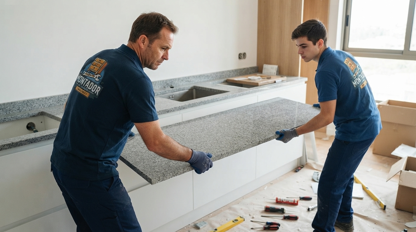Dois montadores instalando bancada de granito