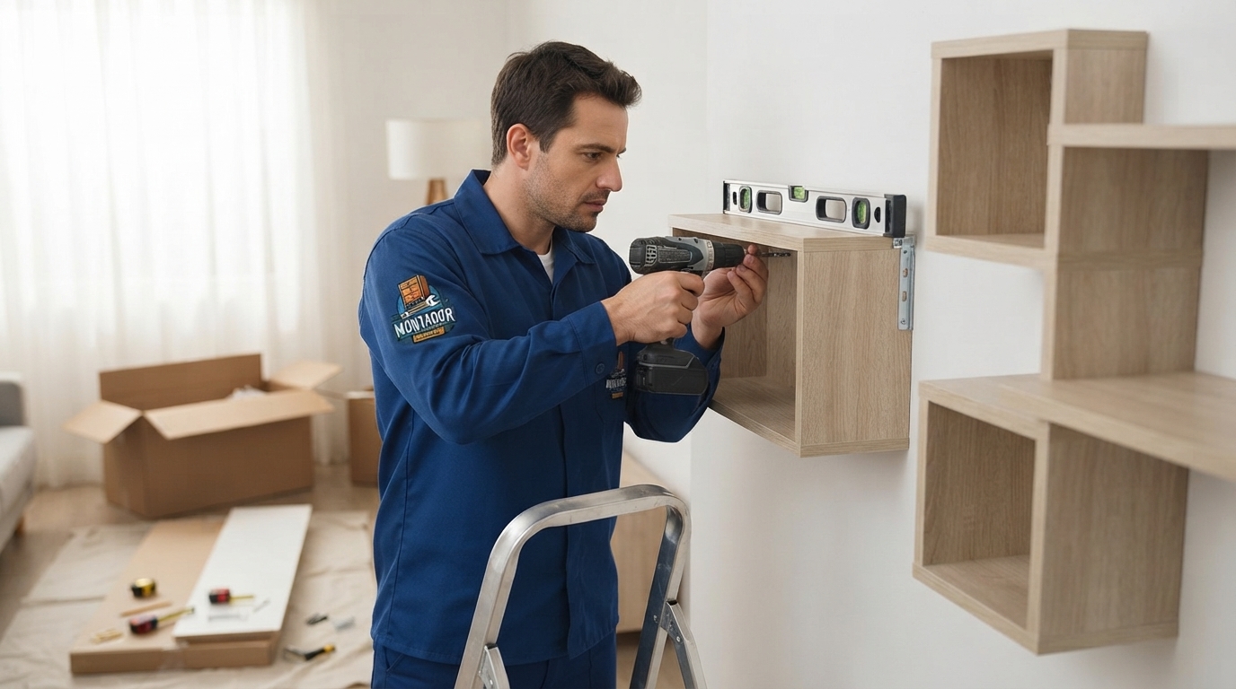 Montador instalando estante de parede flutuante